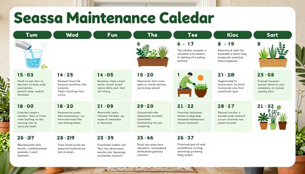 Seasonal maintenance calendar for front door planters showing monthly care tasks throughout the year Seasonal maintenance calendar for front door planters showing monthly care tasks throughout the year