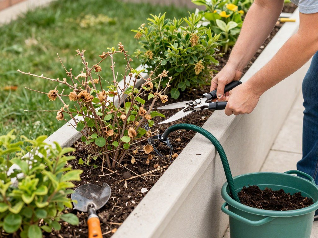 Seasonal maintenance of privacy planters showing pruning and care