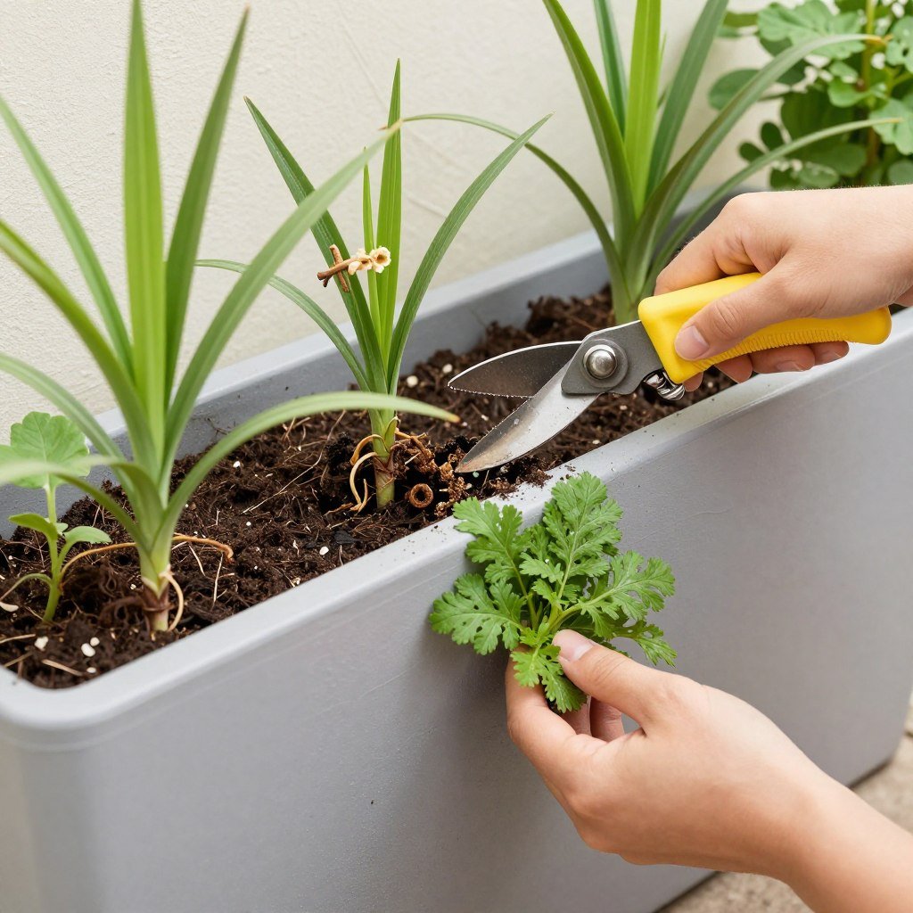 Seasonal maintenance of wall planters showing pruning and refreshing