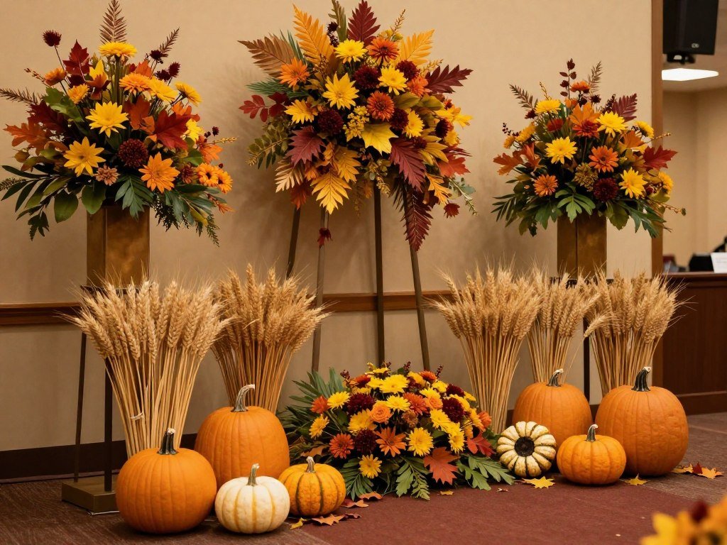 Seasonal memorial service decorations showing autumn-themed elements with warm colors