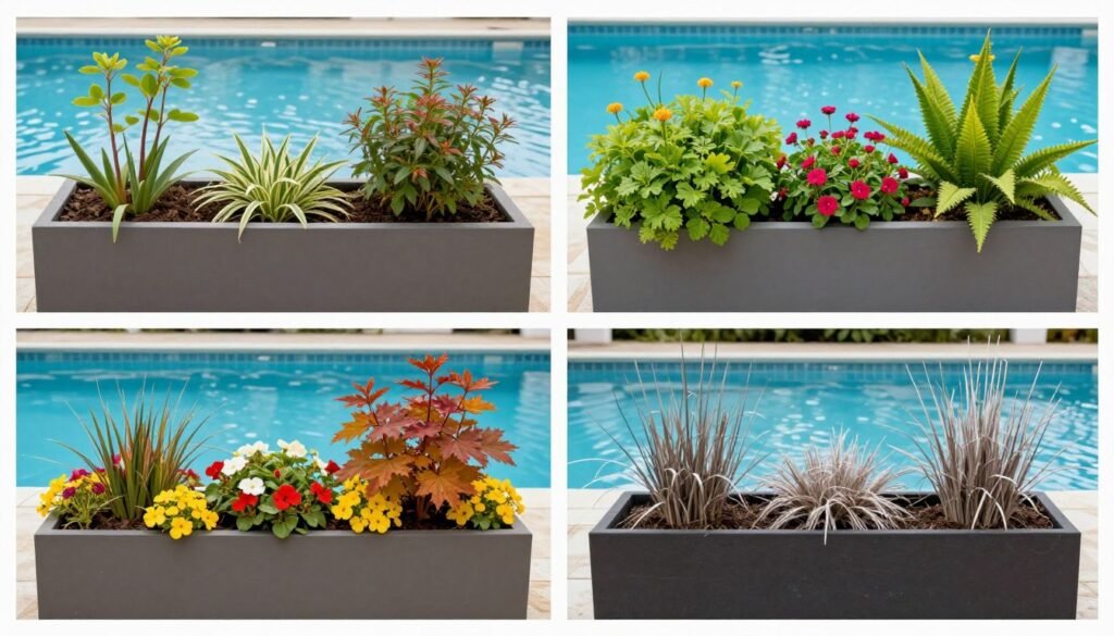 Seasonal progression of the same poolside planter arrangement showing spring, summer, fall, and winter care