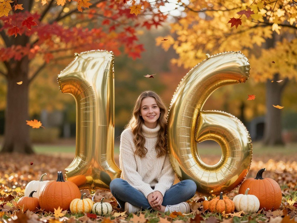 Seasonal sweet 16 photoshoot showcasing autumn fall colors and nature