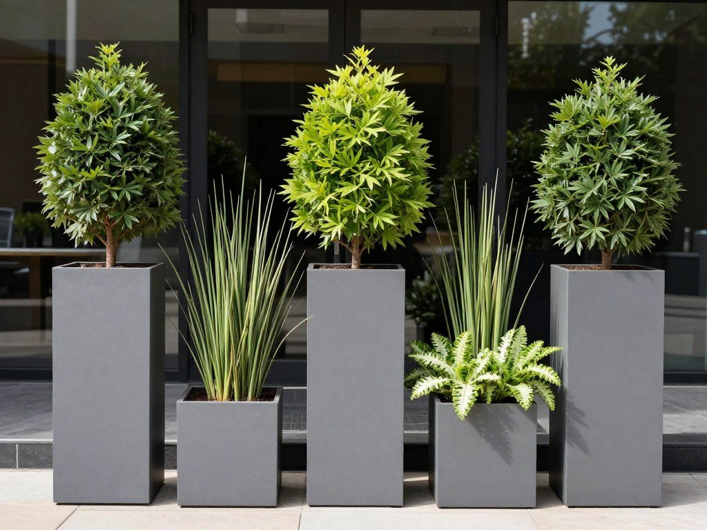 Seasonal transformation of the same tall planters showing different plantings throughout the year Seasonal transformation of the same tall planters showing different plantings throughout the year