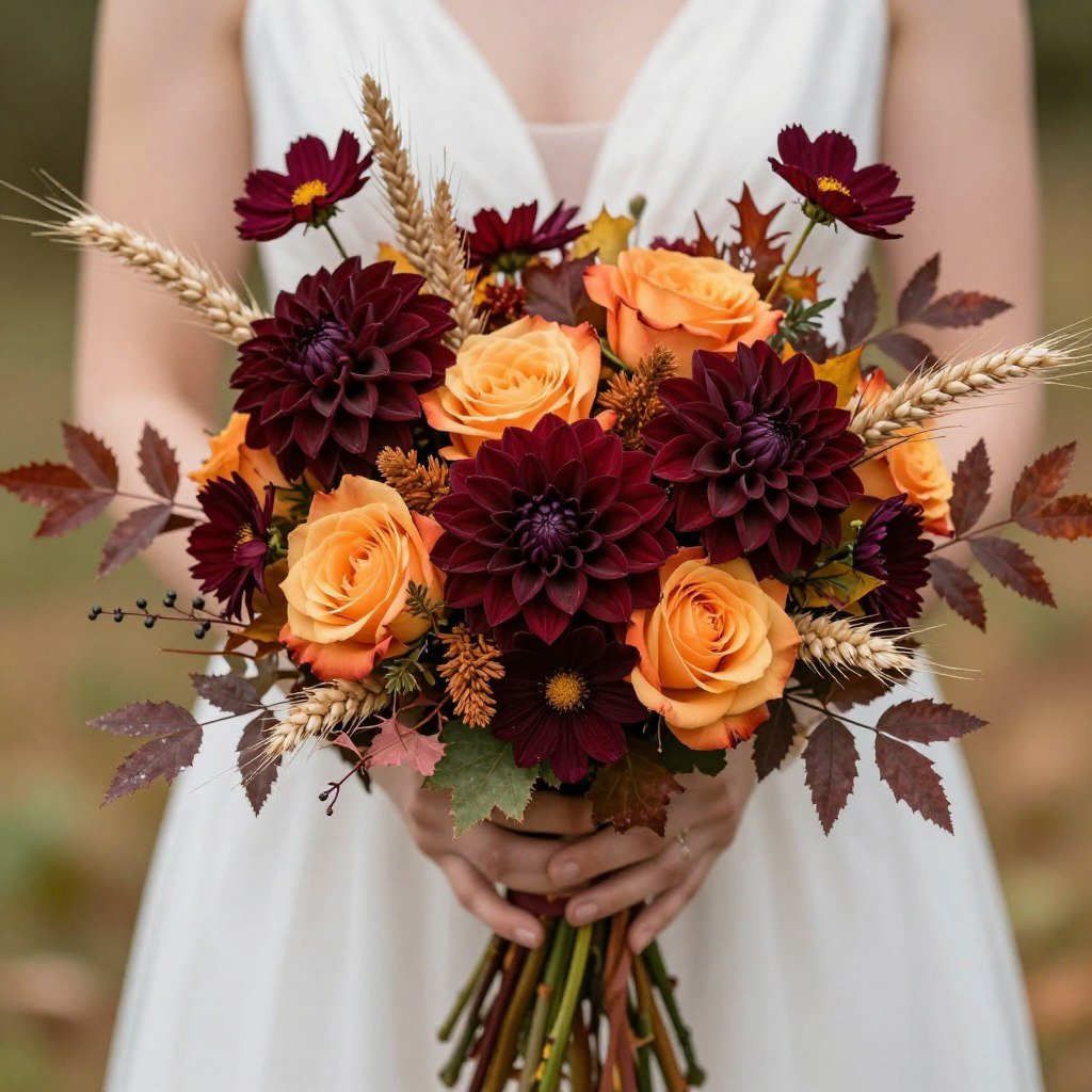 Seasonal wedding bouquet with autumn flowers and foliage