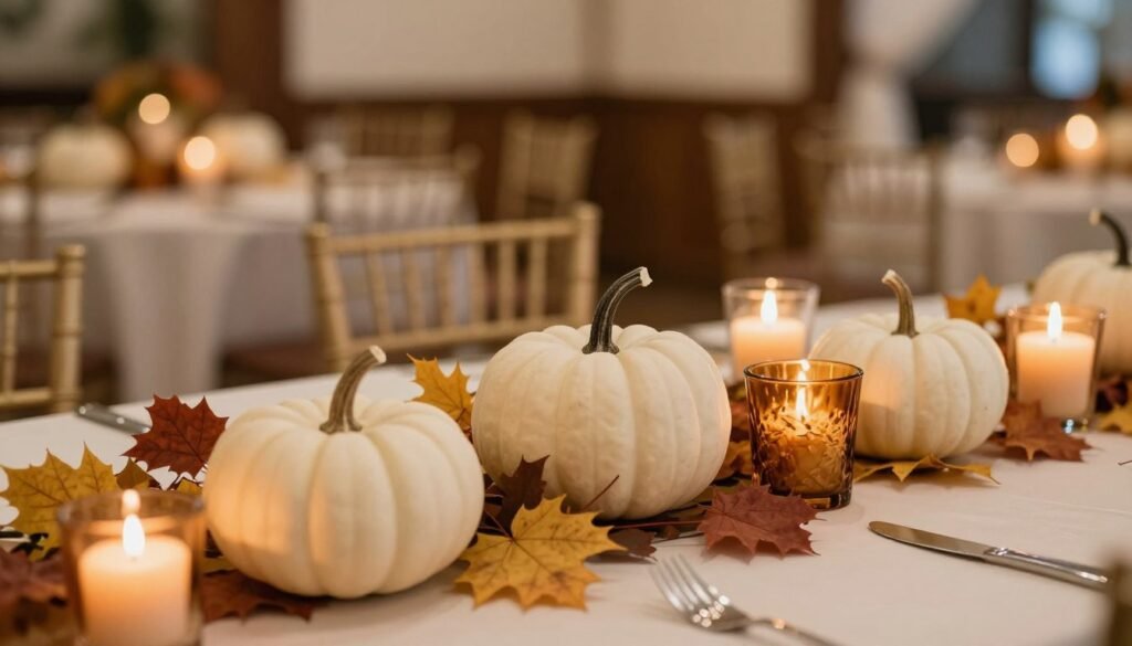 Seasonal wedding decorations for a fall celebration with pumpkins and autumn leaves Seasonal wedding decorations for a fall celebration with pumpkins and autumn leaves