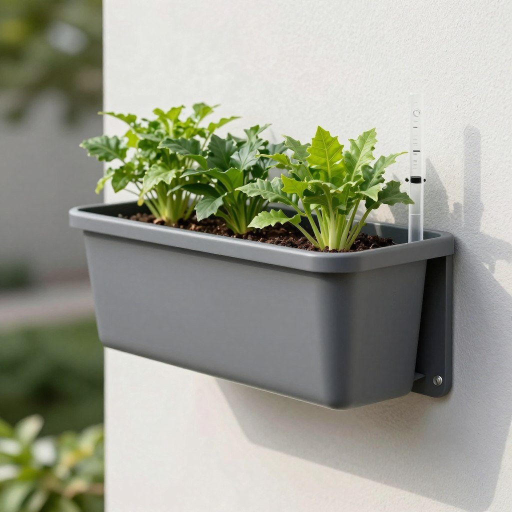 Self-watering wall planter system showing water reservoir and healthy plants