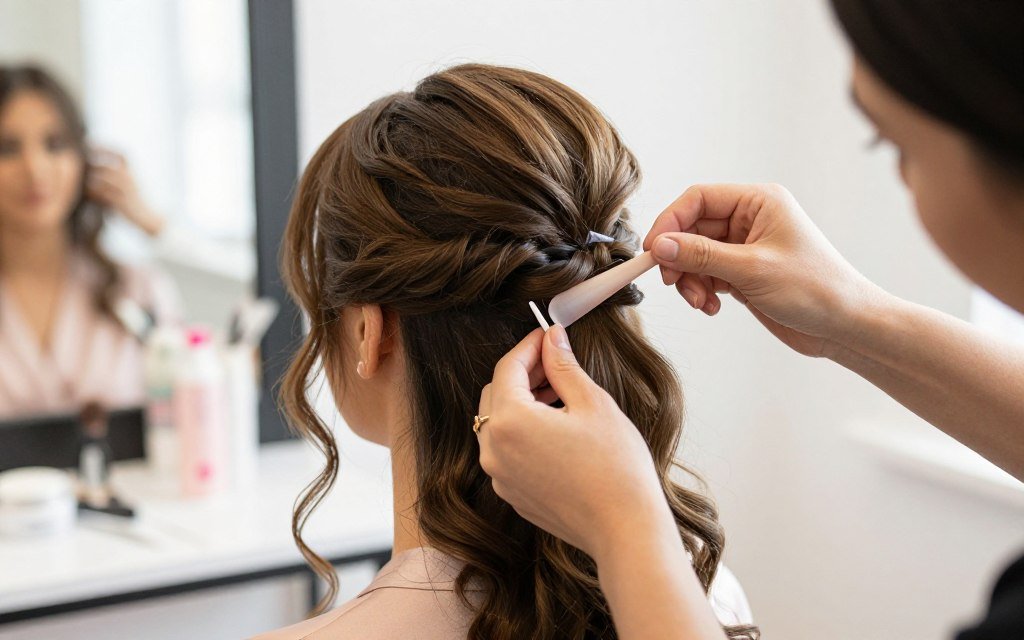 Setting products being applied to maintain bridesmaid hairstyle Setting products being applied to maintain bridesmaid hairstyle