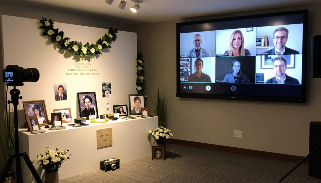 Setup for a hybrid memorial service showing decorations arranged for both in-person and virtual attendees