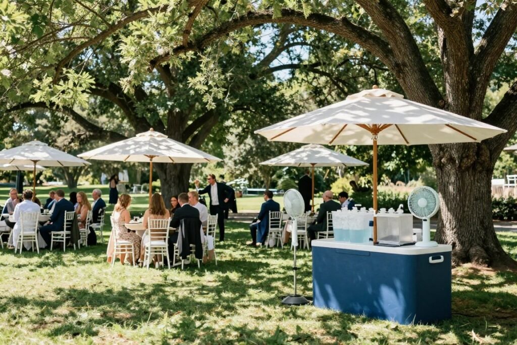 Shaded ceremony area with cooling station