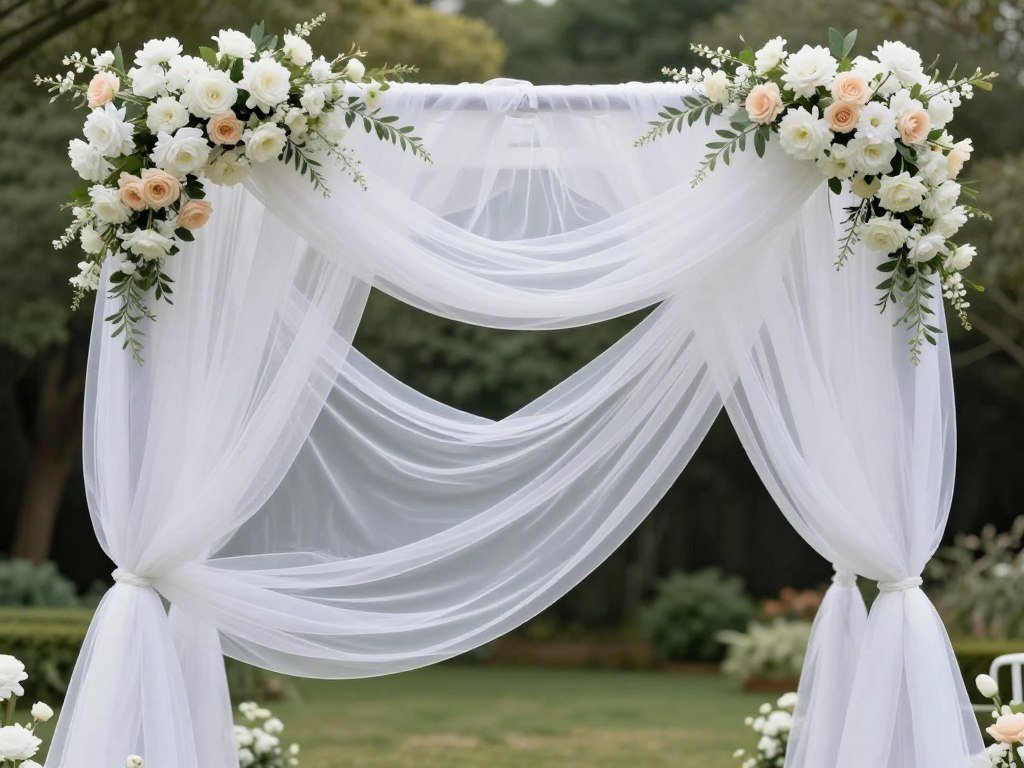 Sheer white fabric arch decoration wedding with gentle draping and floral accents