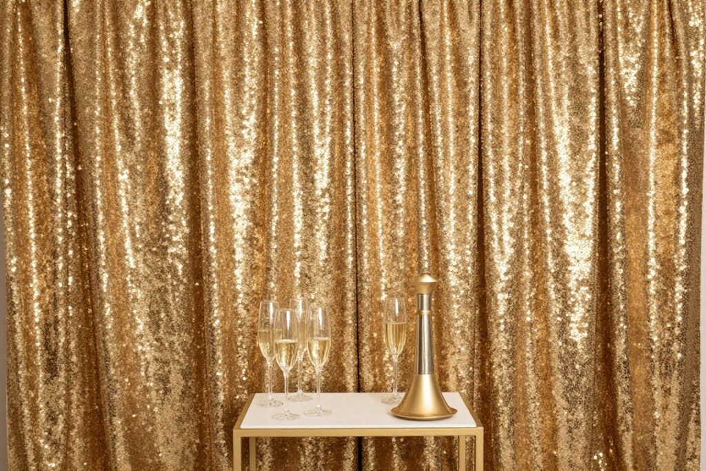 Shimmering sequin backdrop with engagement party props and decorations