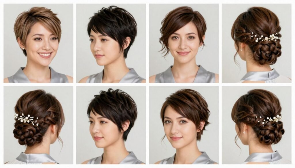 Short hair bridesmaid hairstyles showing various styling options Short hair bridesmaid hairstyles showing various styling options