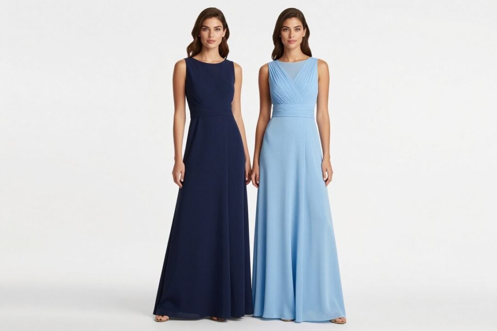 Side-by-side comparison of A-line and empire waist blue bridesmaid dresses on models