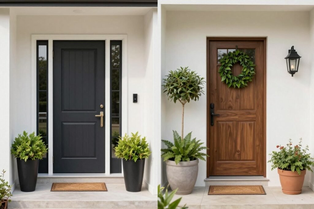 Side-by-side comparison of symmetrical and asymmetrical front door planter arrangements Side-by-side comparison of symmetrical and asymmetrical front door planter arrangements