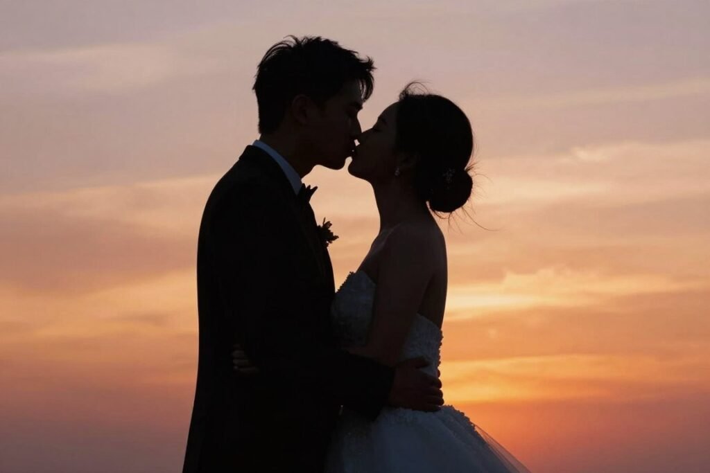 Silhouette of bride and groom kissing against sunset sky