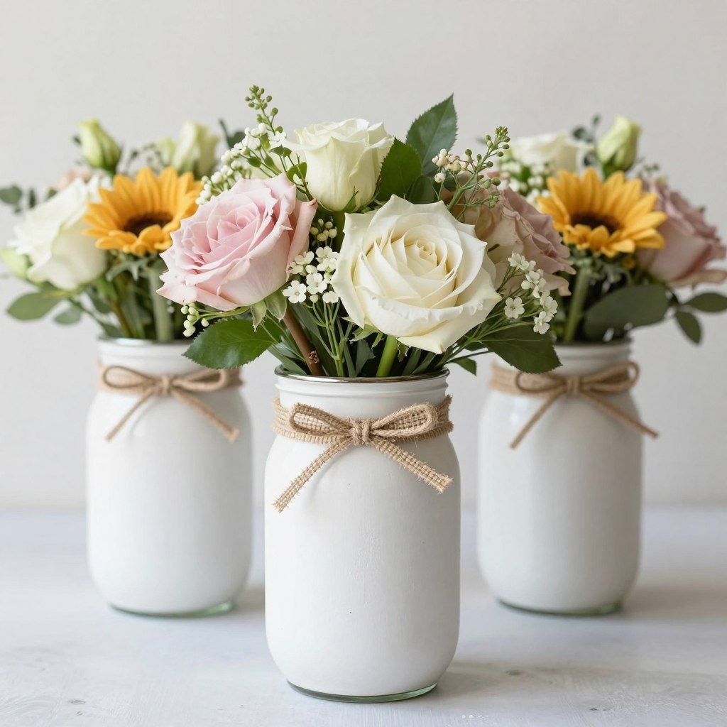 Simple DIY wedding centerpiece with mason jars and flowers