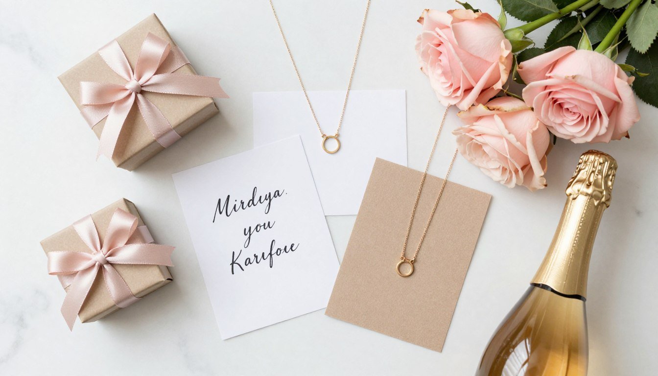 Simple bridesmaid proposal gifts arranged on white marble surface