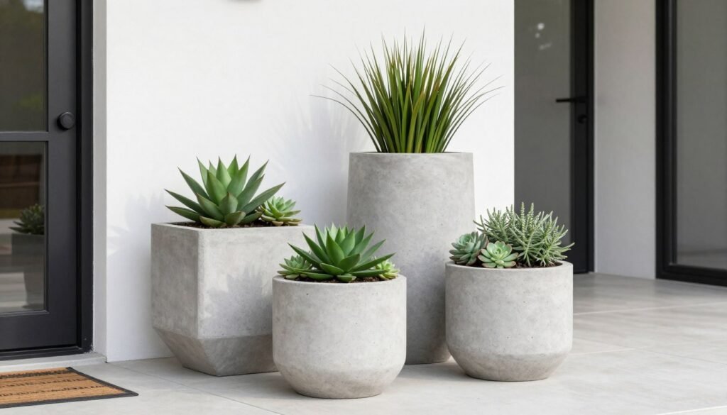 Simple concrete planters with succulents creating a minimalist front porch arrangement Simple concrete planters with succulents creating a minimalist front porch arrangement