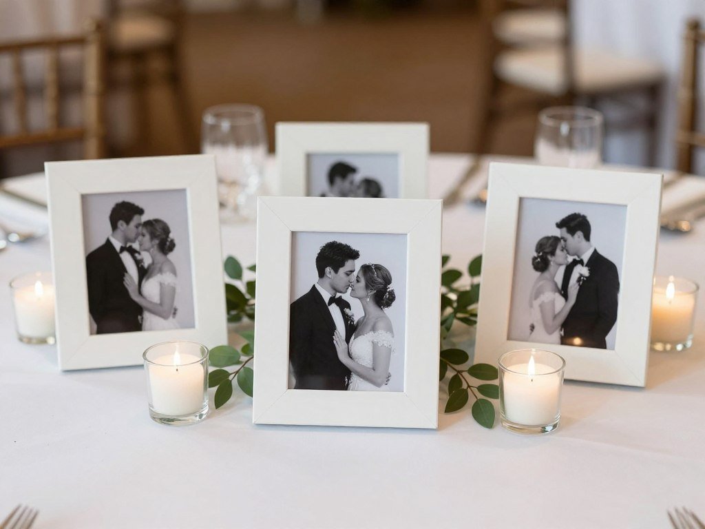 Simple frames with couple photos as part of wedding table centerpieces