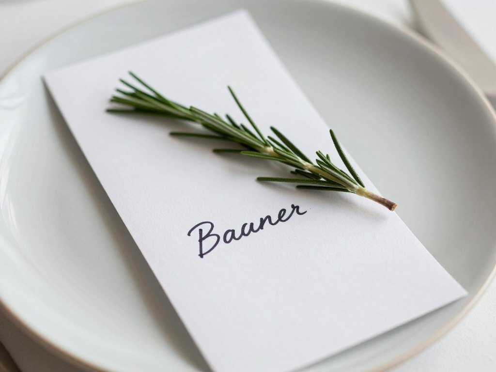 Simple handwritten place cards with sprig of rosemary on neutral plates