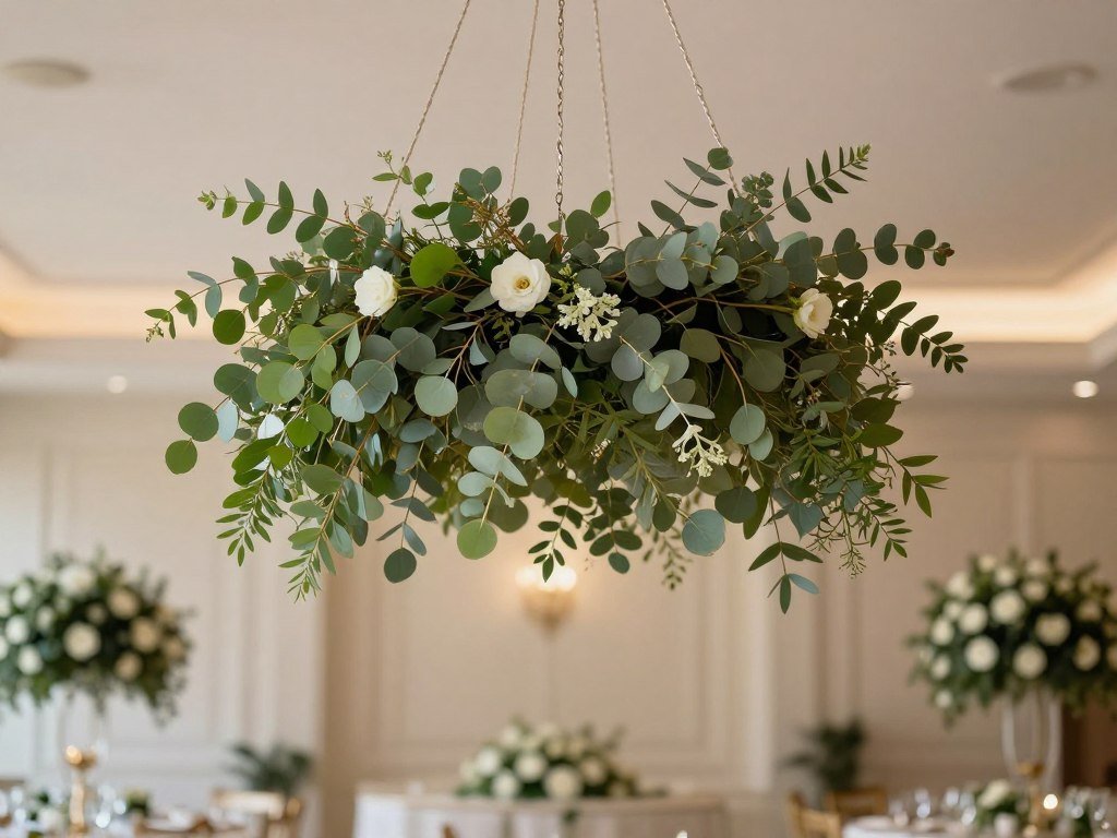 Simple hanging greenery chandelier over wedding reception table Simple hanging greenery chandelier over wedding reception table