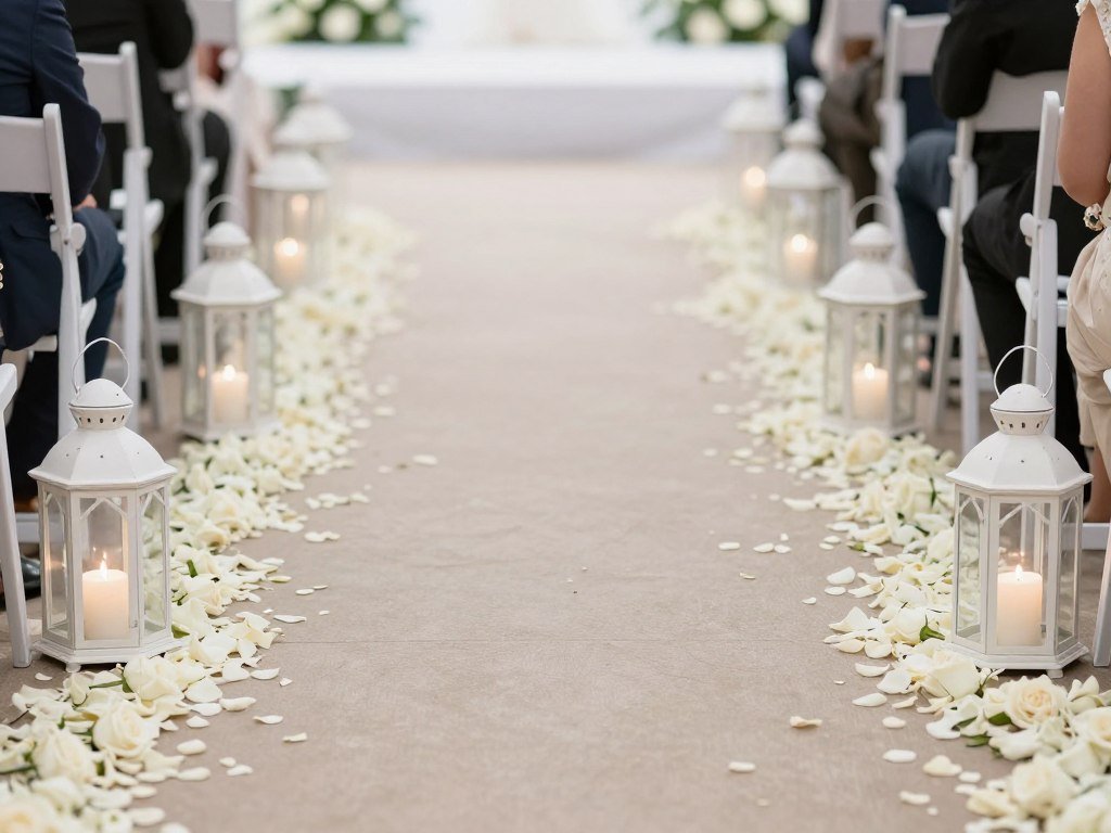 Simple wedding aisle decorated with lanterns and scattered petals Simple wedding aisle decorated with lanterns and scattered petals