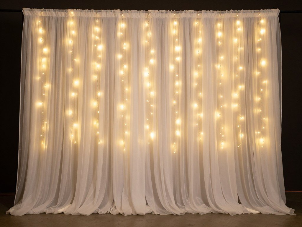 Simple wedding backdrop made with white curtains and fairy lights Simple wedding backdrop made with white curtains and fairy lights