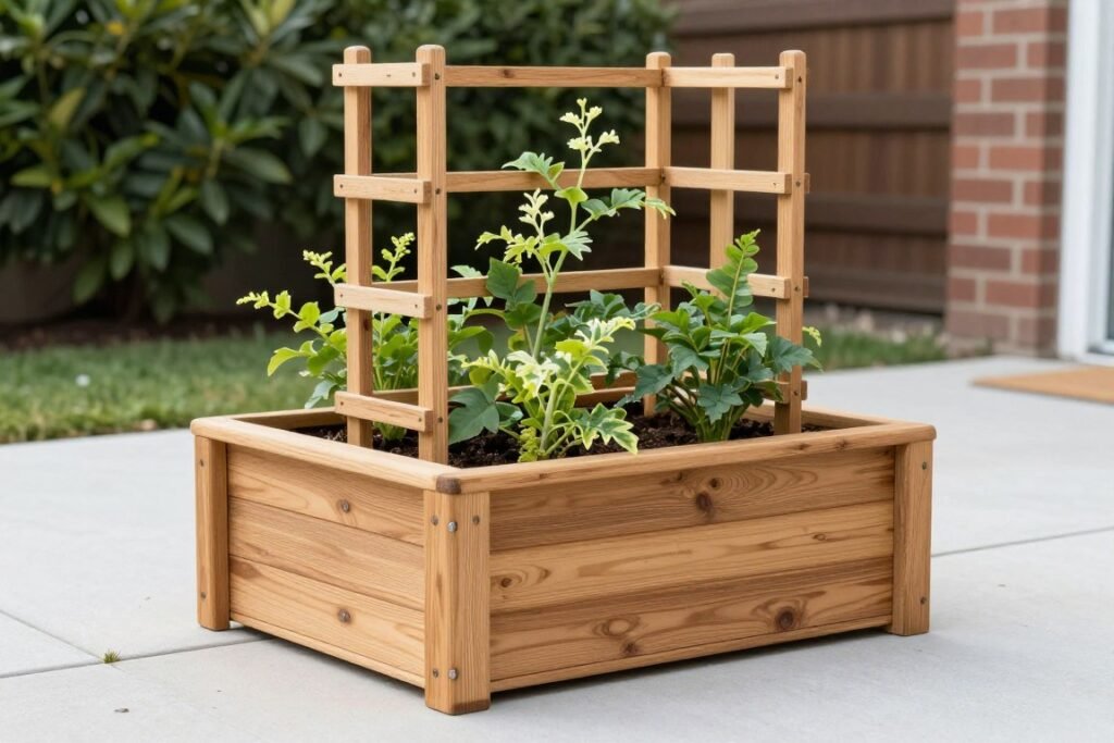 Simple wooden box privacy planter with trellis