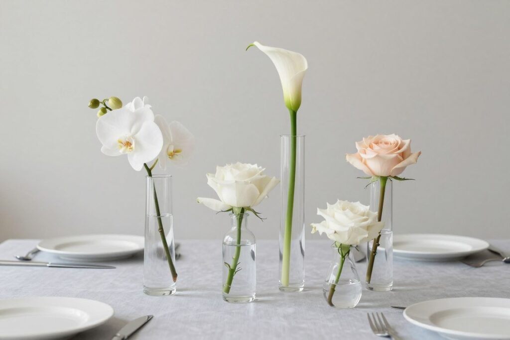 Single stem vases with individual flowers as minimalist wedding table decorations