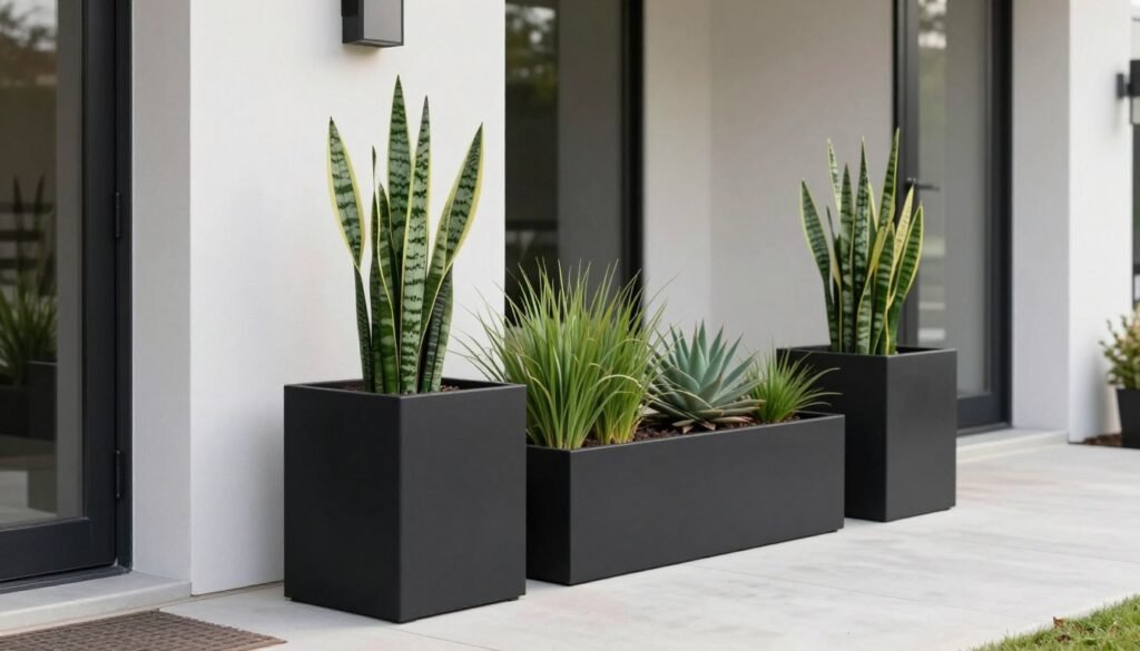 Sleek black rectangular planters with architectural plants creating a modern front porch display Sleek black rectangular planters with architectural plants creating a modern front porch display