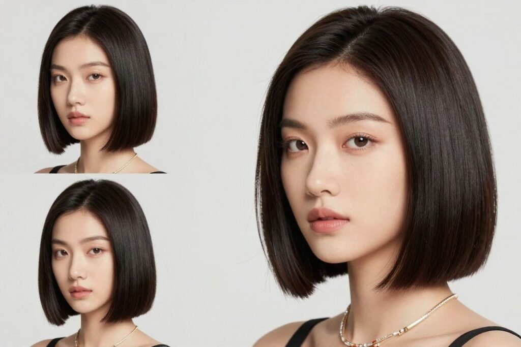 Sleek bob hairstyle with side part