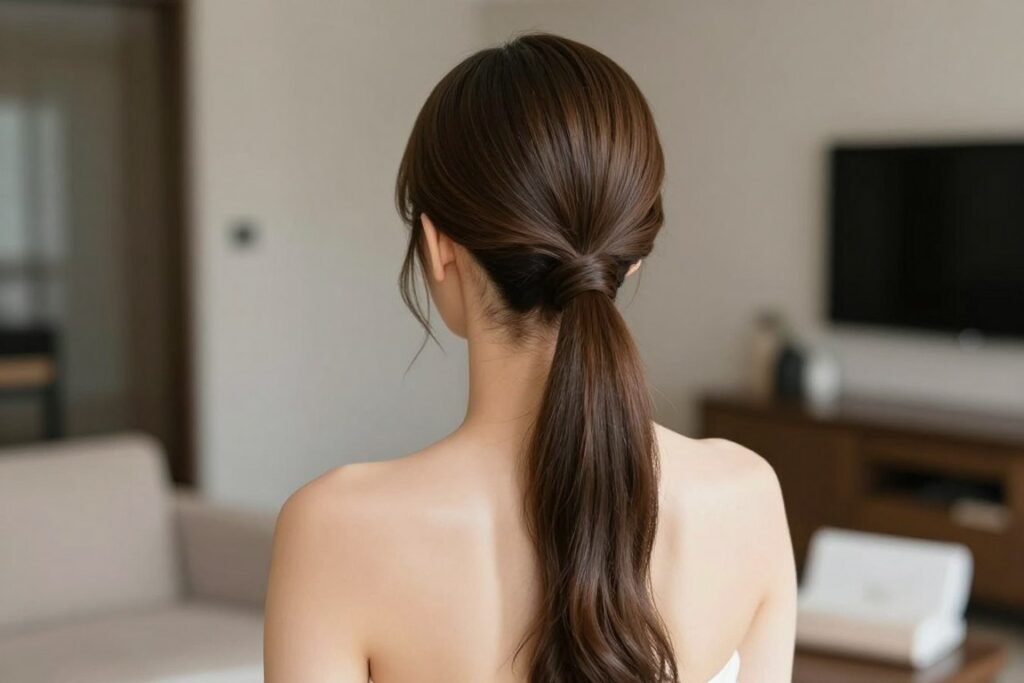 Sleek low ponytail bridesmaid hairstyle with wrapped base for elegant wedding