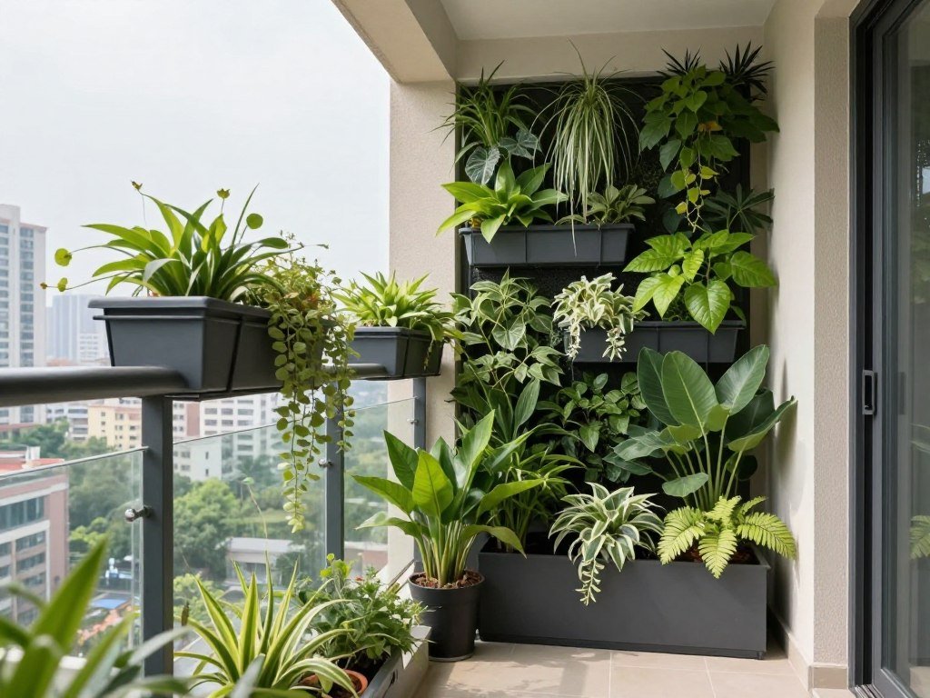 Small balcony with vertical and railing planter boxes creating a green space Small balcony with vertical and railing planter boxes creating a green space