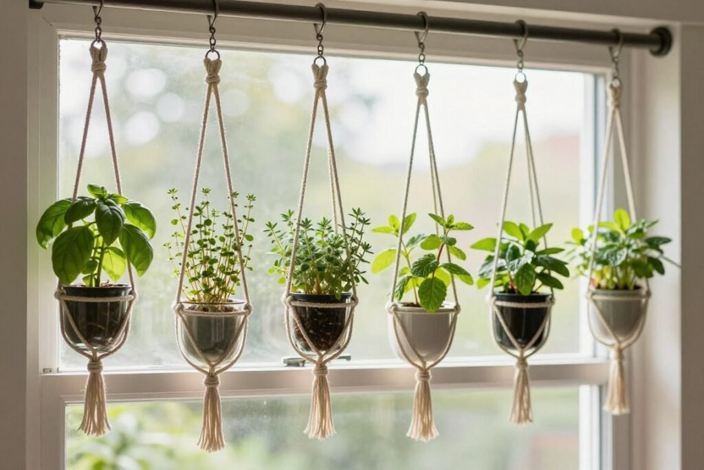 Small glass or ceramic planters hanging from a curtain rod in front of a window, each containing a different herb Small glass or ceramic planters hanging from a curtain rod in front of a window, each containing a different herb