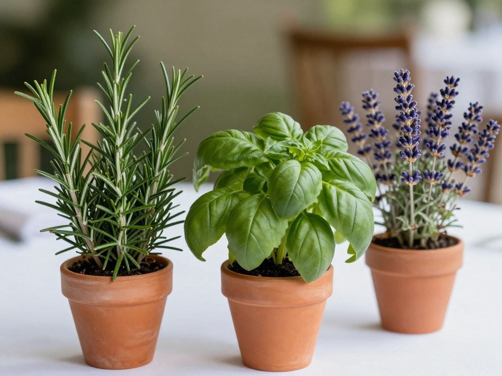 Small potted herbs used as fragrant wedding table centerpieces Small potted herbs used as fragrant wedding table centerpieces