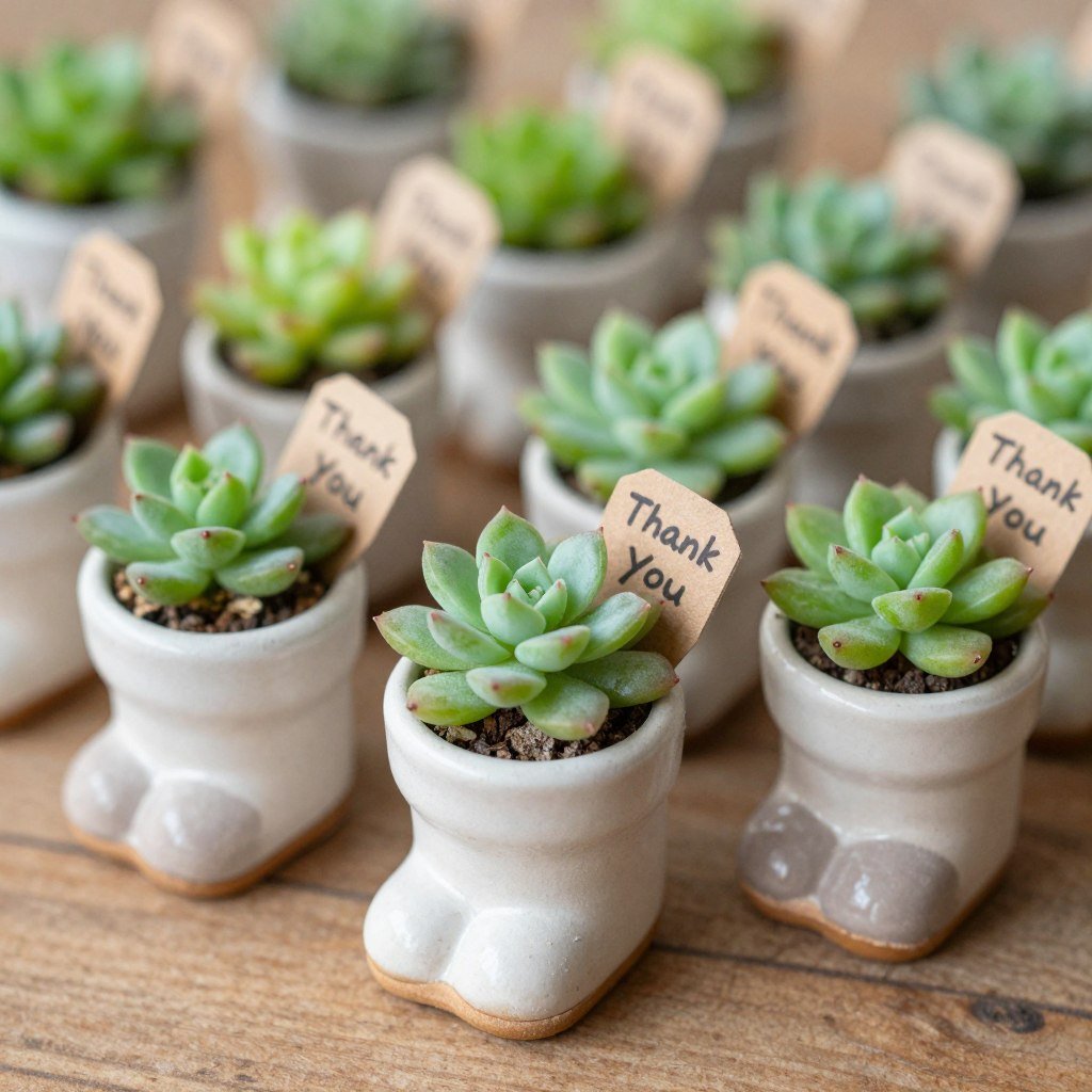 Small succulent plants in boot planters