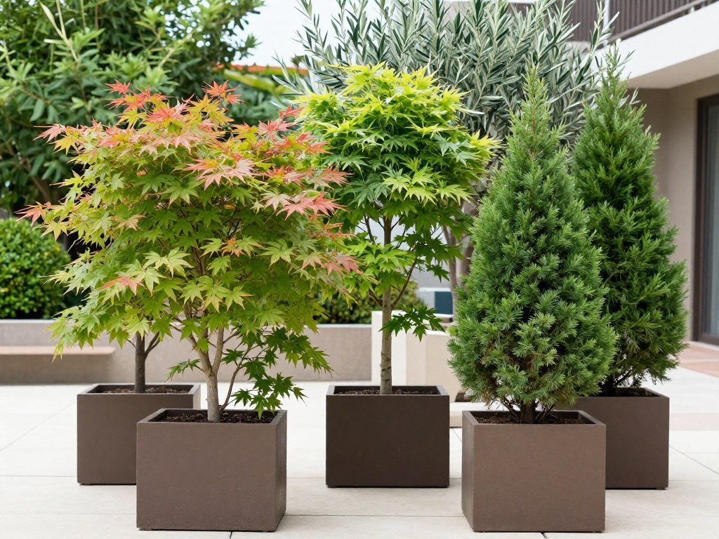 Small trees growing in large outdoor planters on a patio