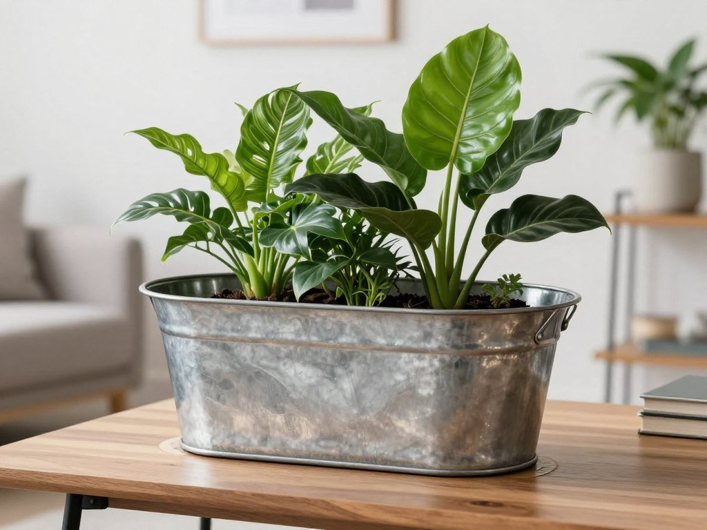 Small wash tub planter used indoors with tropical plants on a wooden table
