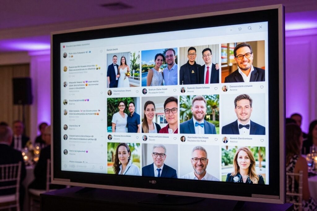 Social media wall displaying memorial hashtag posts Social media wall displaying memorial hashtag posts