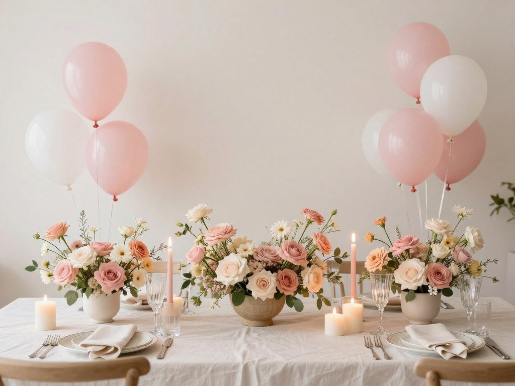 Soft romantic color palette bridal shower decorations in blush and cream