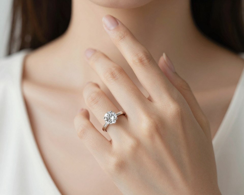 Solitaire diamond ring on hand showing elegant simplicity Solitaire diamond ring on hand showing elegant simplicity