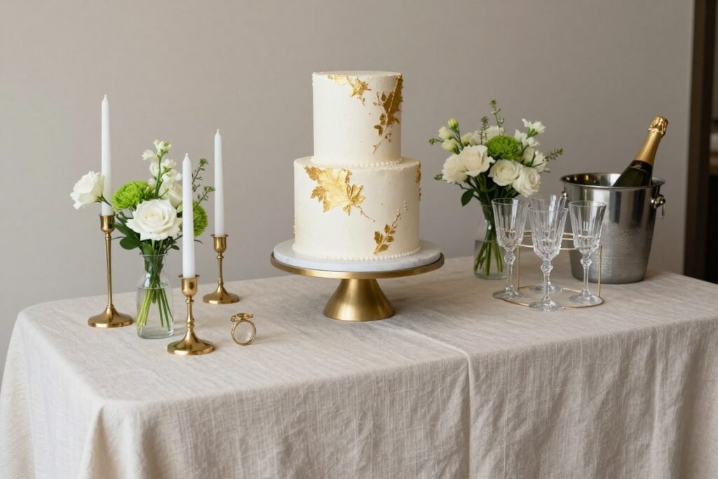 Sophisticated adult birthday cake table with neutral colors, subtle textures, and elegant champagne display