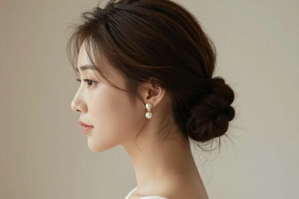 Sophisticated low bun updo hairstyle for birthday celebration