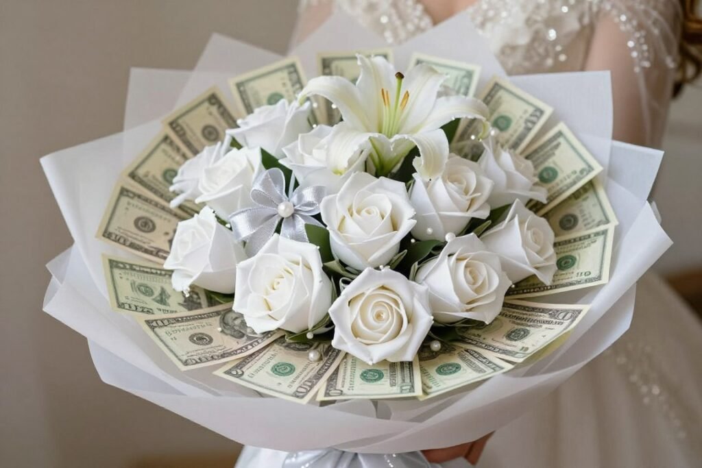 Sophisticated white and silver money bouquet for weddings
