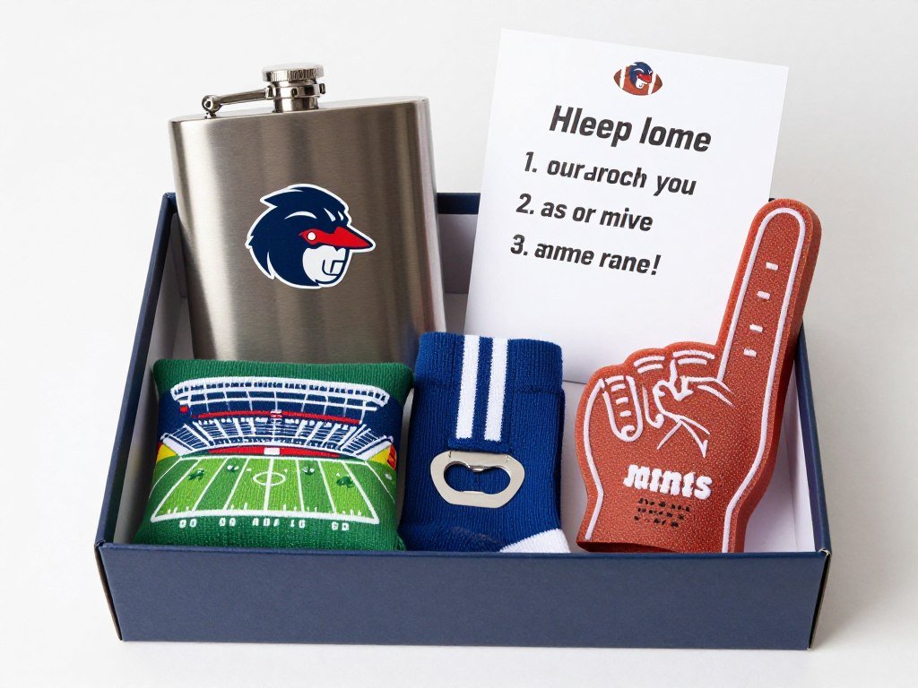 Sports-themed groomsmen proposal box with team merchandise and game day accessories
