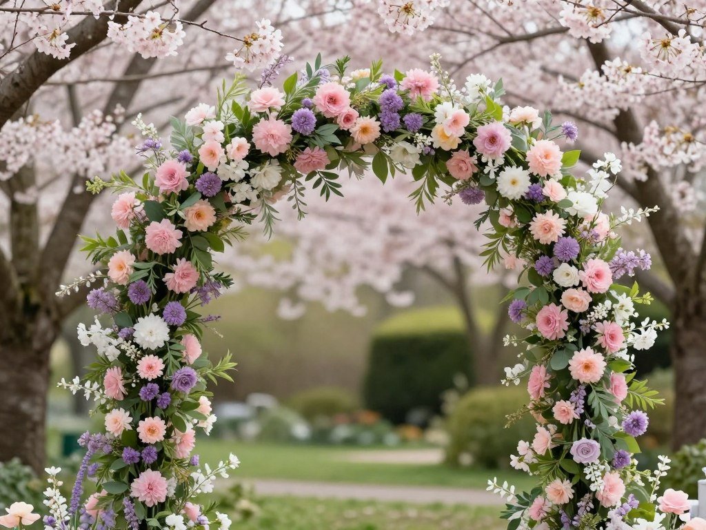 Spring arch decoration wedding with cherry blossoms and pastel flowers