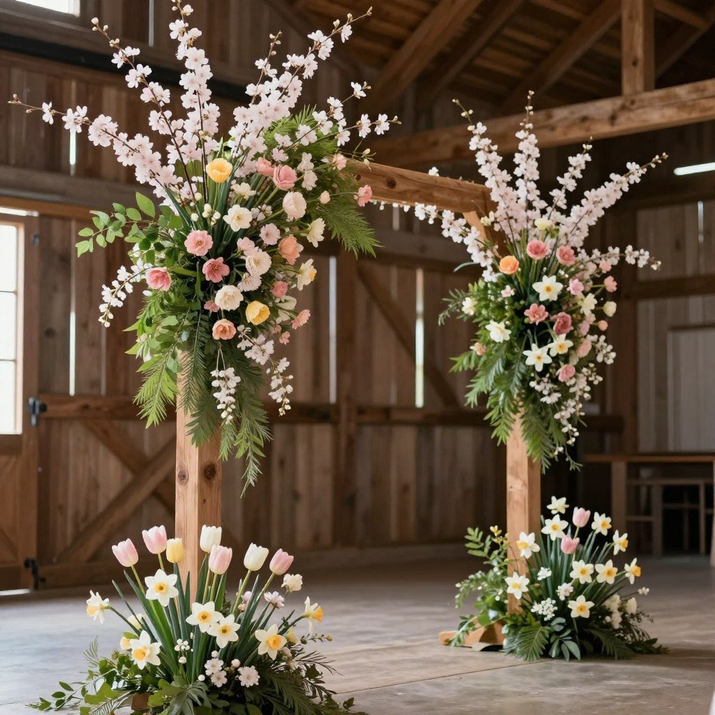 Spring barn wedding decorations with pastel flowers, cherry blossoms, and fresh greenery Spring barn wedding decorations with pastel flowers, cherry blossoms, and fresh greenery