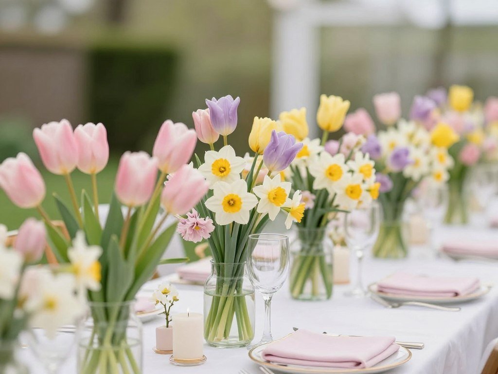Spring bridal shower decorations with fresh flowers and pastel colors
