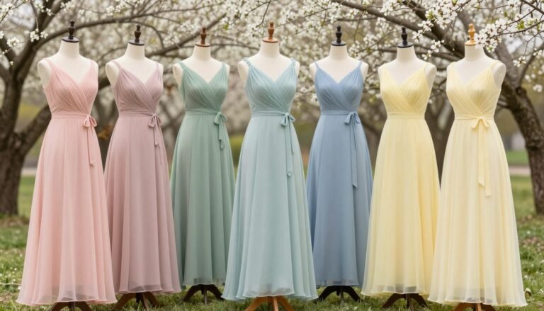 Spring bridesmaid dresses in pastel colors arranged beautifully