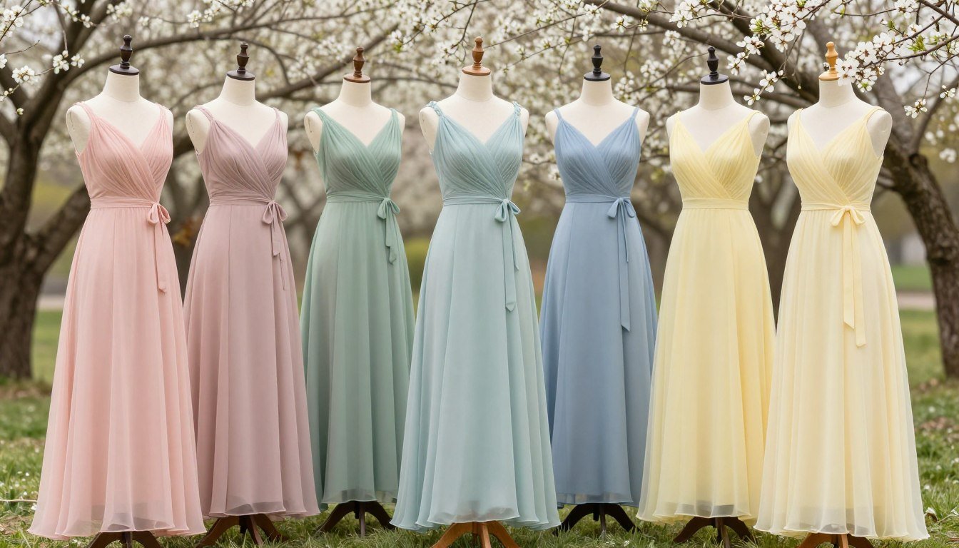Spring bridesmaid dresses in pastel colors arranged beautifully